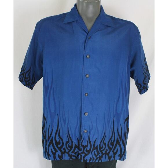 Vintage Y2K Flames Tribal AOP Button Up Blue Black Shirt Mens M 2000s - Picture 1 of 7